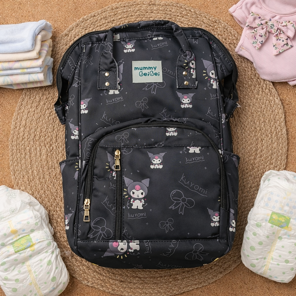 High Quality Multi-Purpose Mother Bag (Multi-Compartment Diaper Bag)-black with cartoon prints